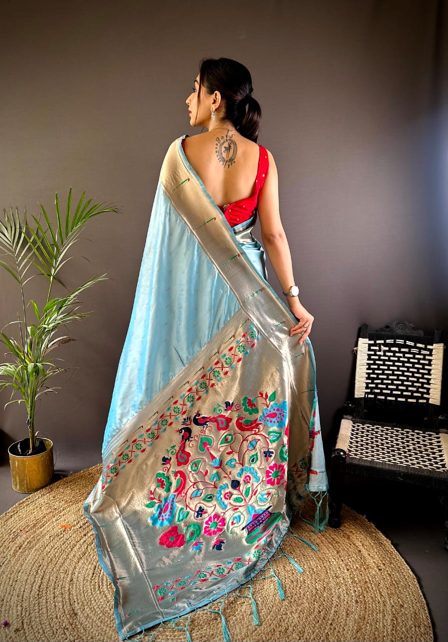 Sky blue traditional paithani silk saree with zari weaving work