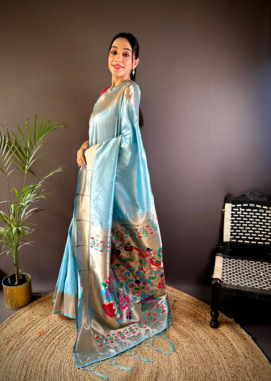 Sky blue traditional paithani silk saree with zari weaving work