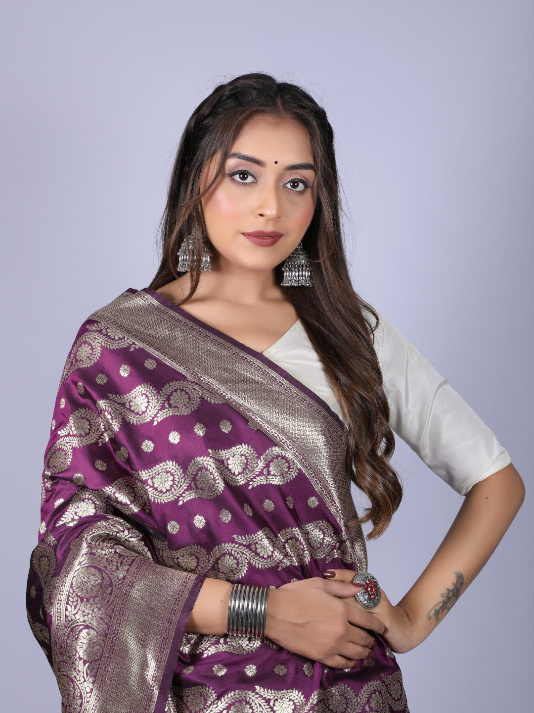 Magenta color banarasi silk saree with zari weaving work