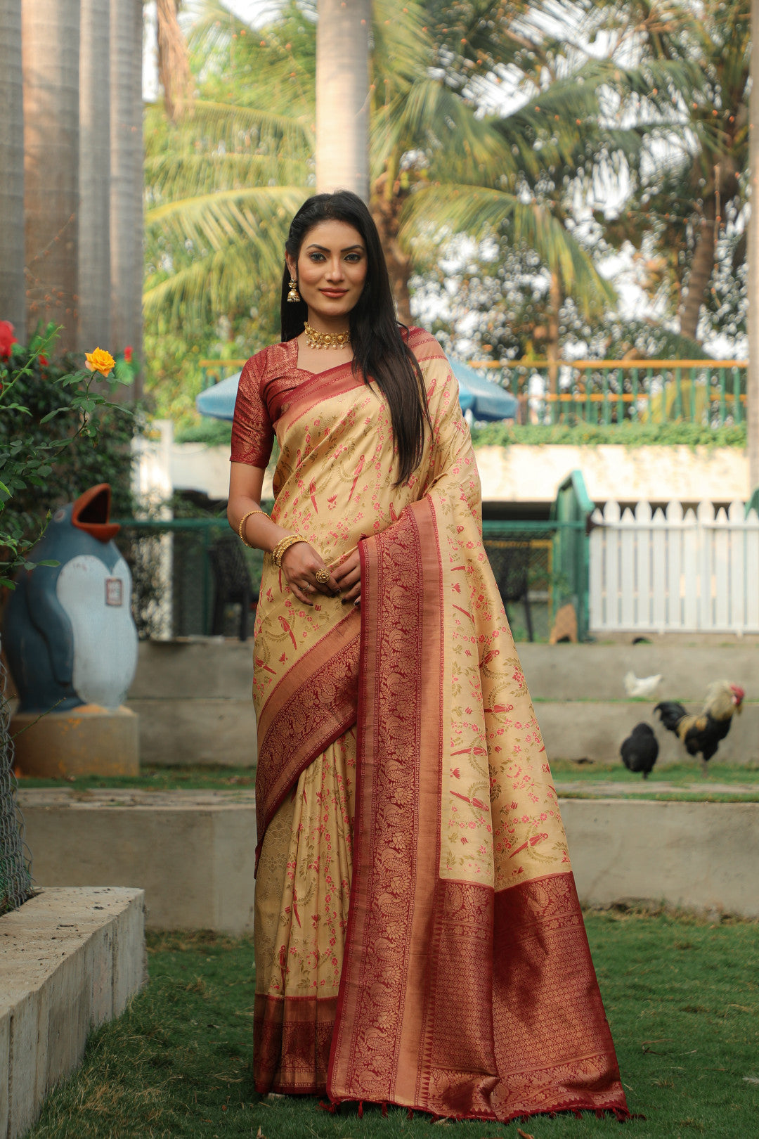 Cream color kanjivaram silk saree with zari weaving work