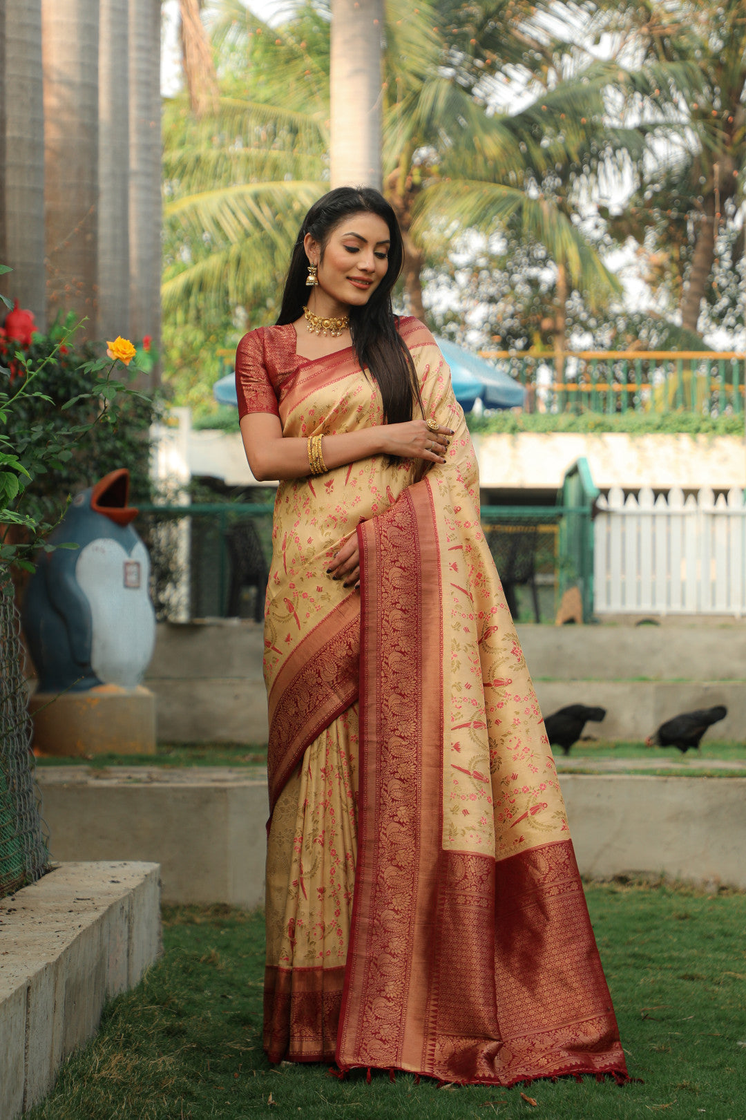 Cream color kanjivaram silk saree with zari weaving work