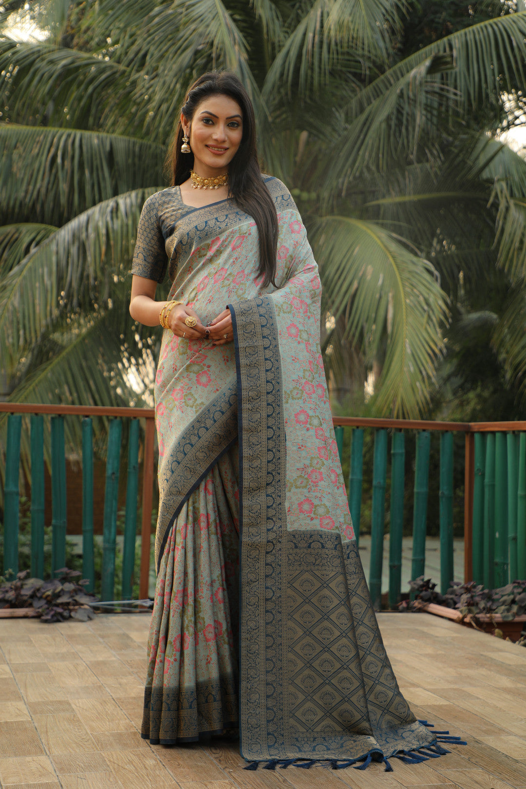 Sky blue color kanjivaram silk saree with zari weaving work