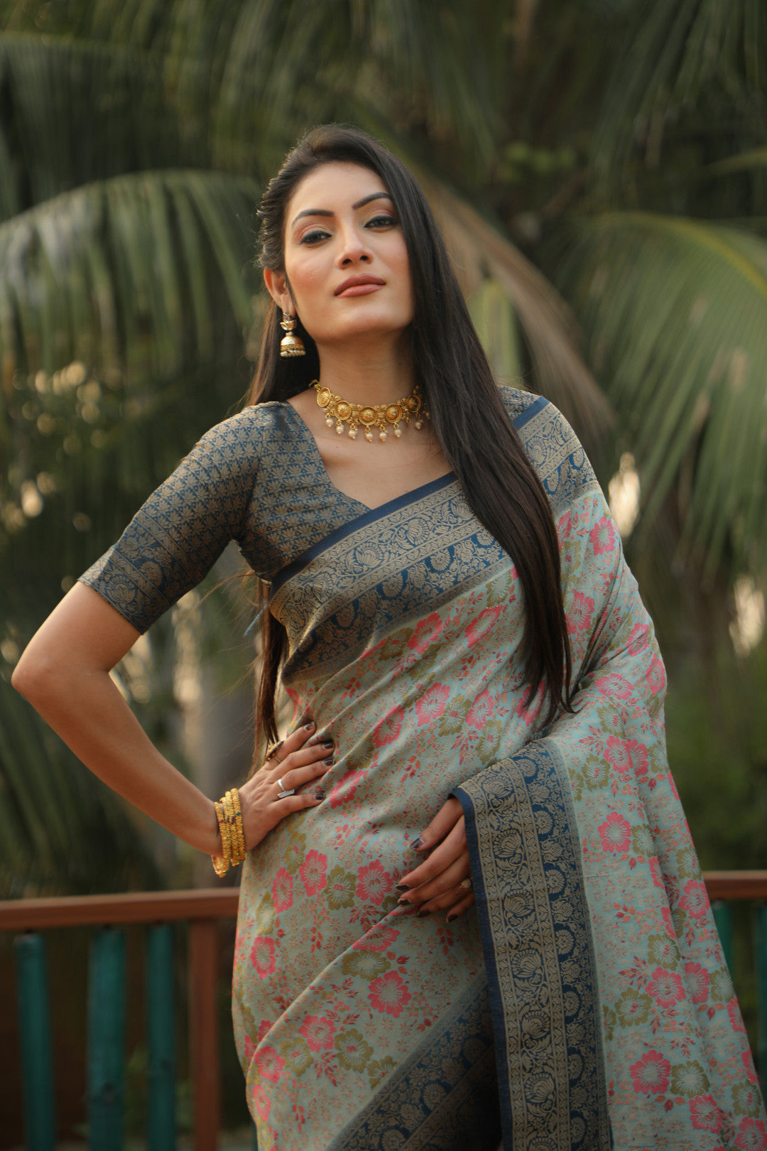 Sky blue color kanjivaram silk saree with zari weaving work