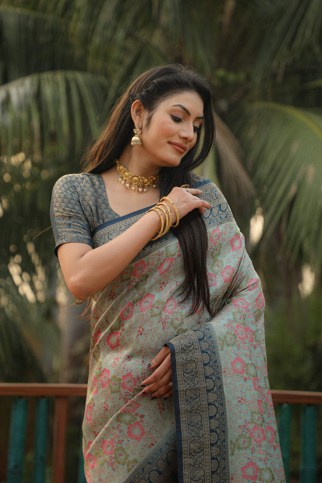 Sky blue color kanjivaram silk saree with zari weaving work