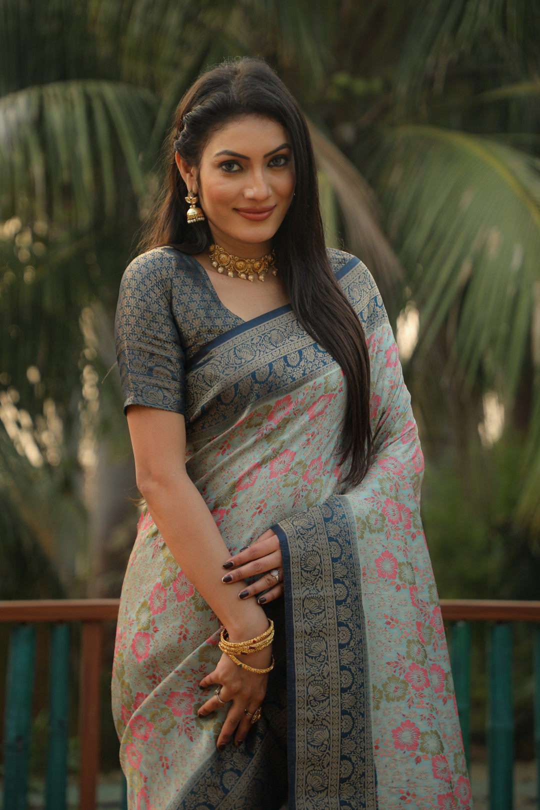 Sky blue color kanjivaram silk saree with zari weaving work