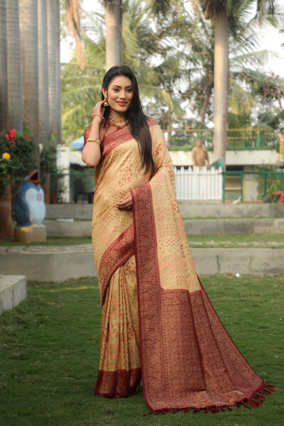 Beige color kanjivaram silk saree with zari weaving work