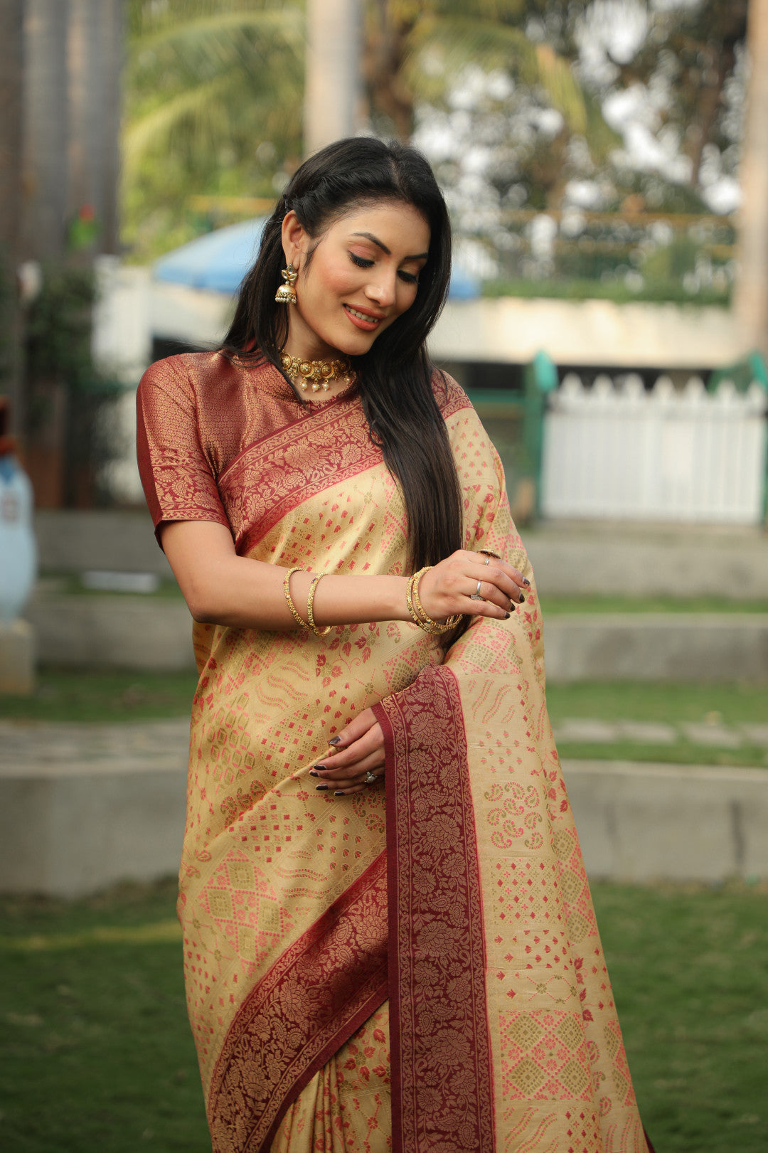 Beige color kanjivaram silk saree with zari weaving work