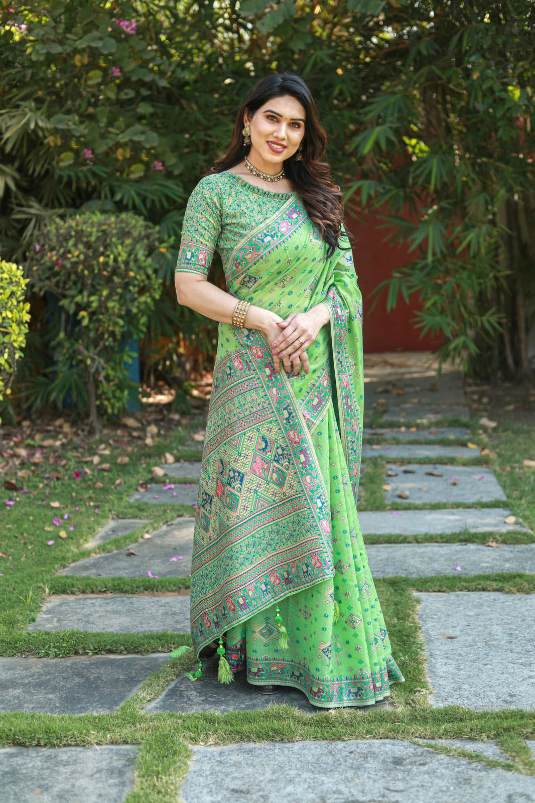 Parrot green color banarasi silk saree with zari weaving work