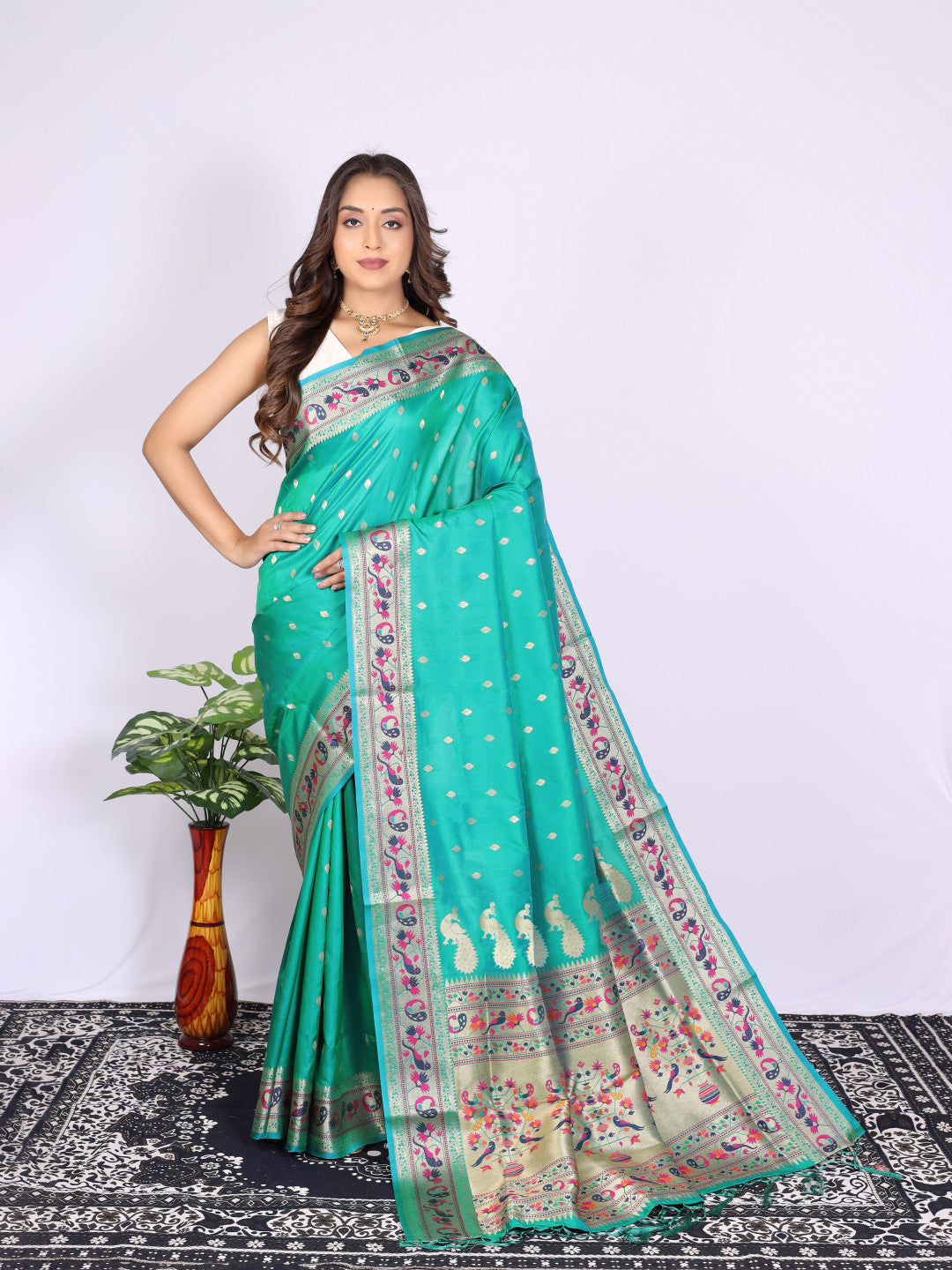 Rama green color soft paithani silk saree with zari woven work