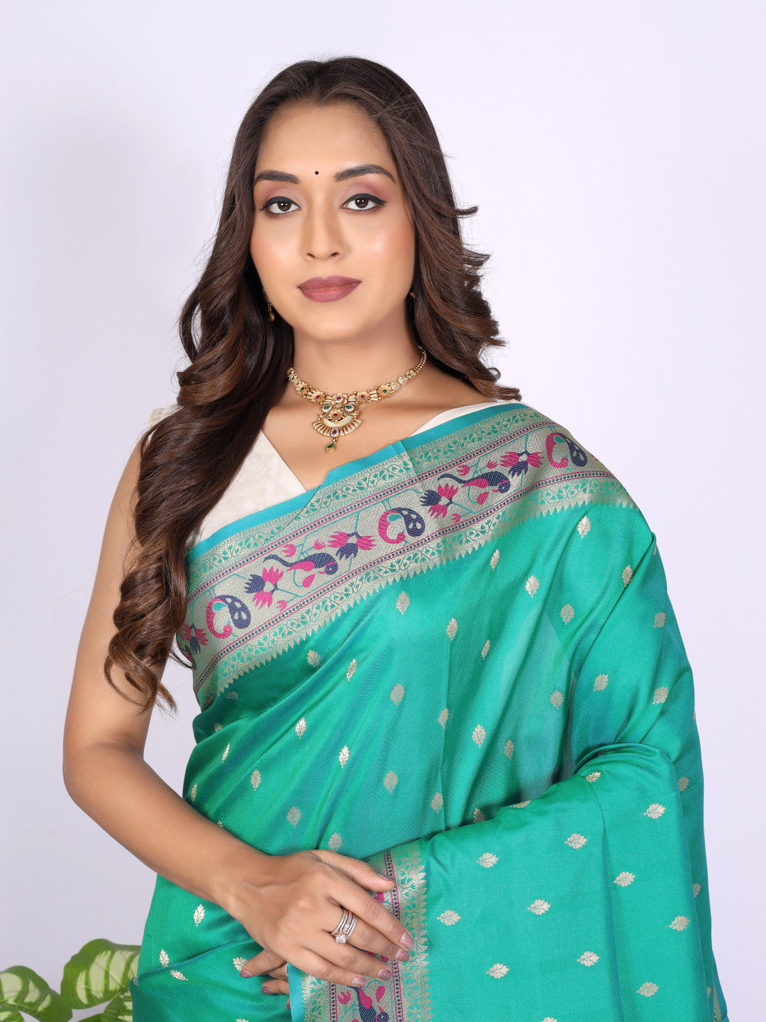 Rama green color soft paithani silk saree with zari woven work