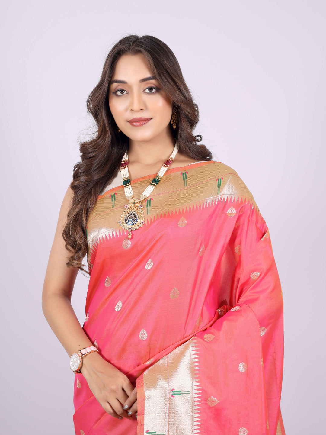 Peach color paithani silk saree with zari weaving work