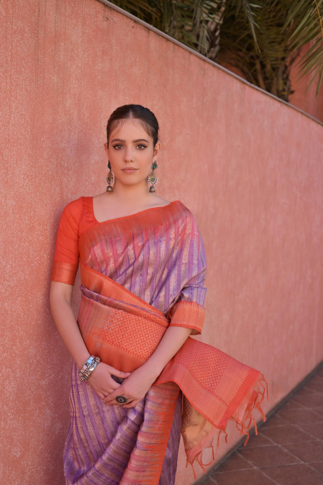 Lavender soft tussar silk saree with temple border and zari weaving work