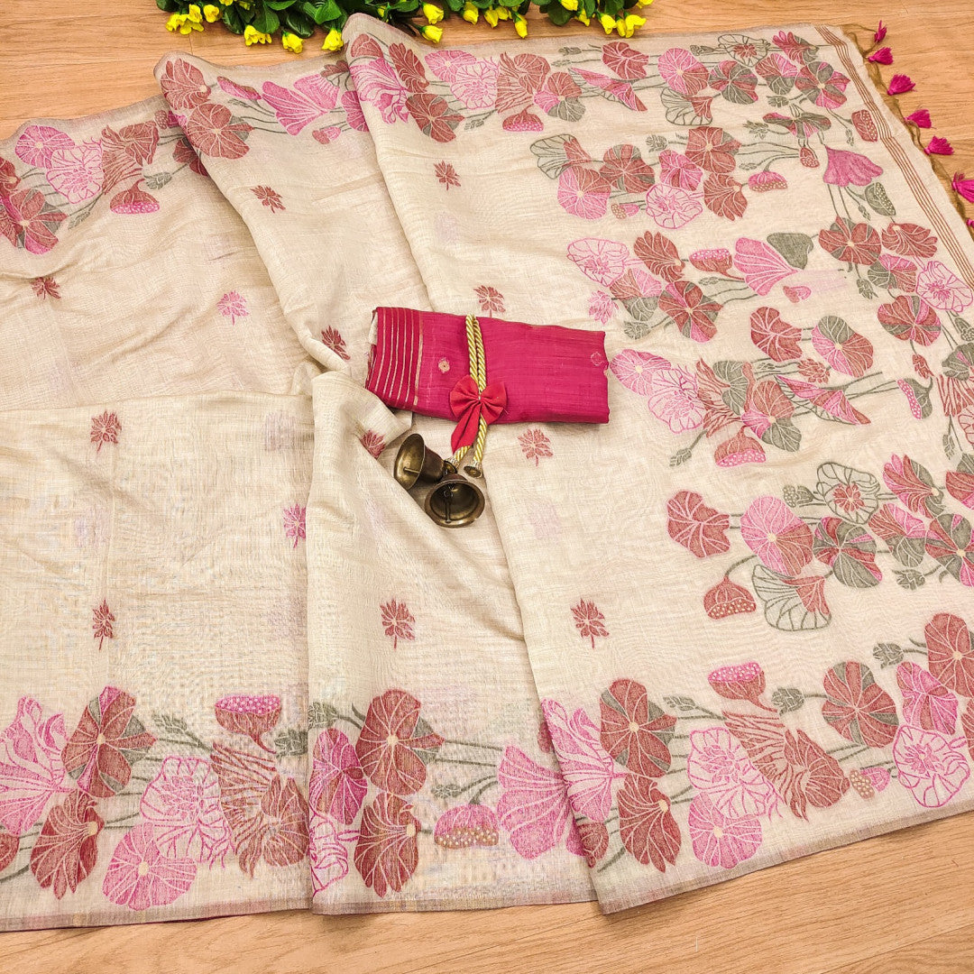 Cream soft muga cotton saree with flower weaving work