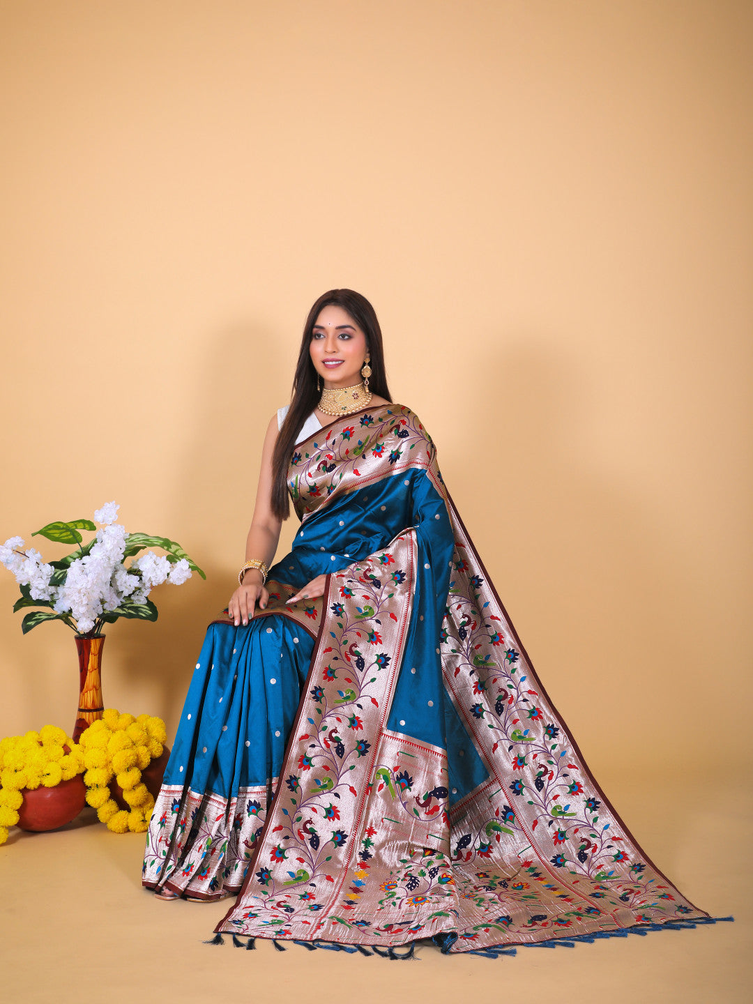 Rama green color paithani silk saree with zari weaving work
