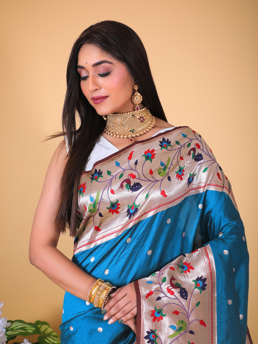Rama green color paithani silk saree with zari weaving work
