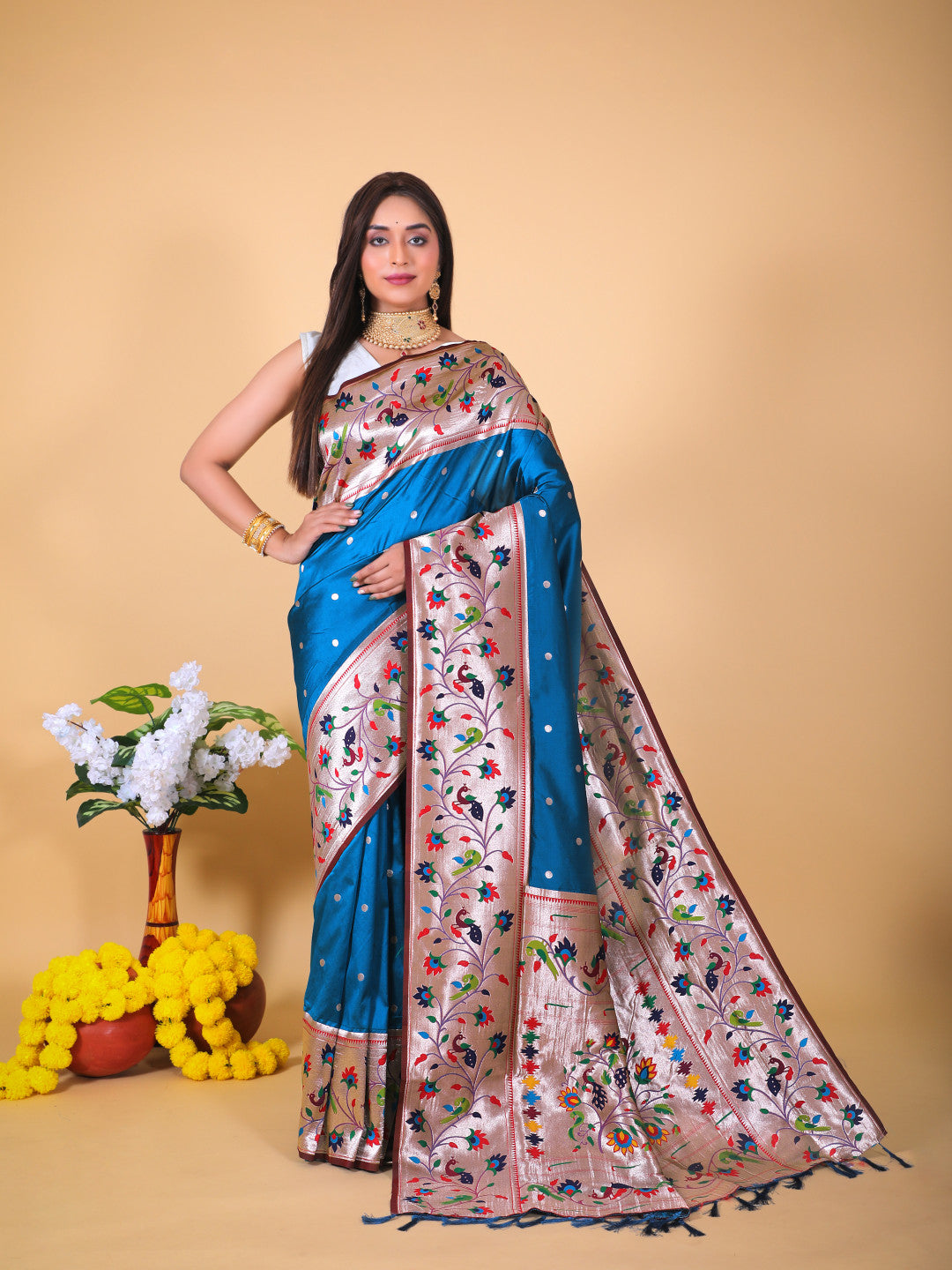 Rama green color paithani silk saree with zari weaving work