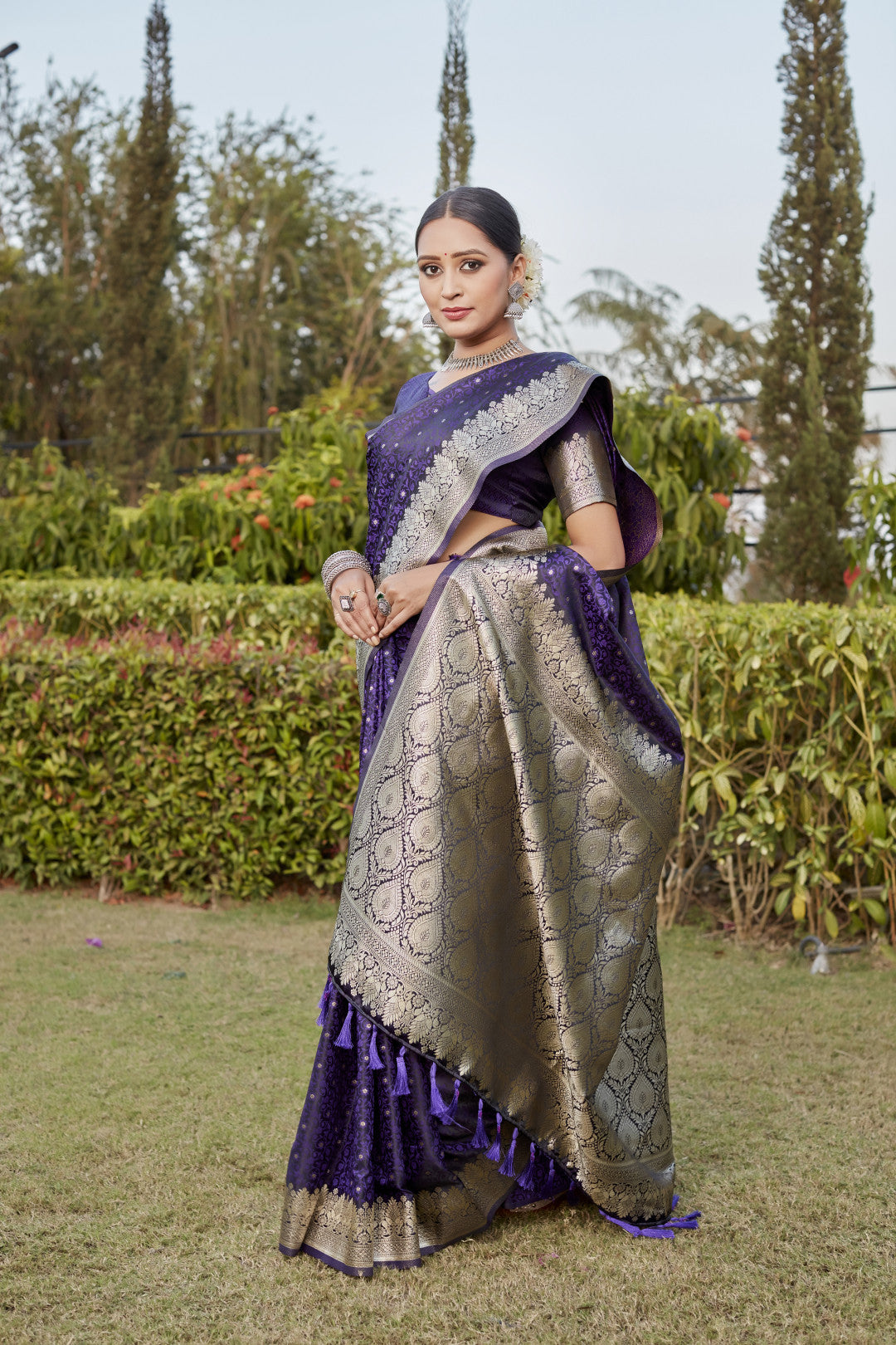 Purple kanjivaram satin silk saree with zari weaving rich pallu