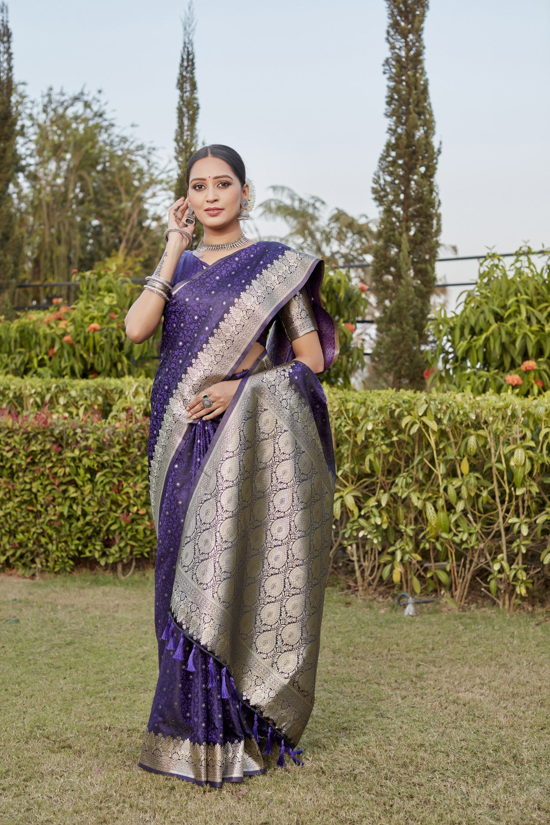 Purple kanjivaram satin silk saree with zari weaving rich pallu