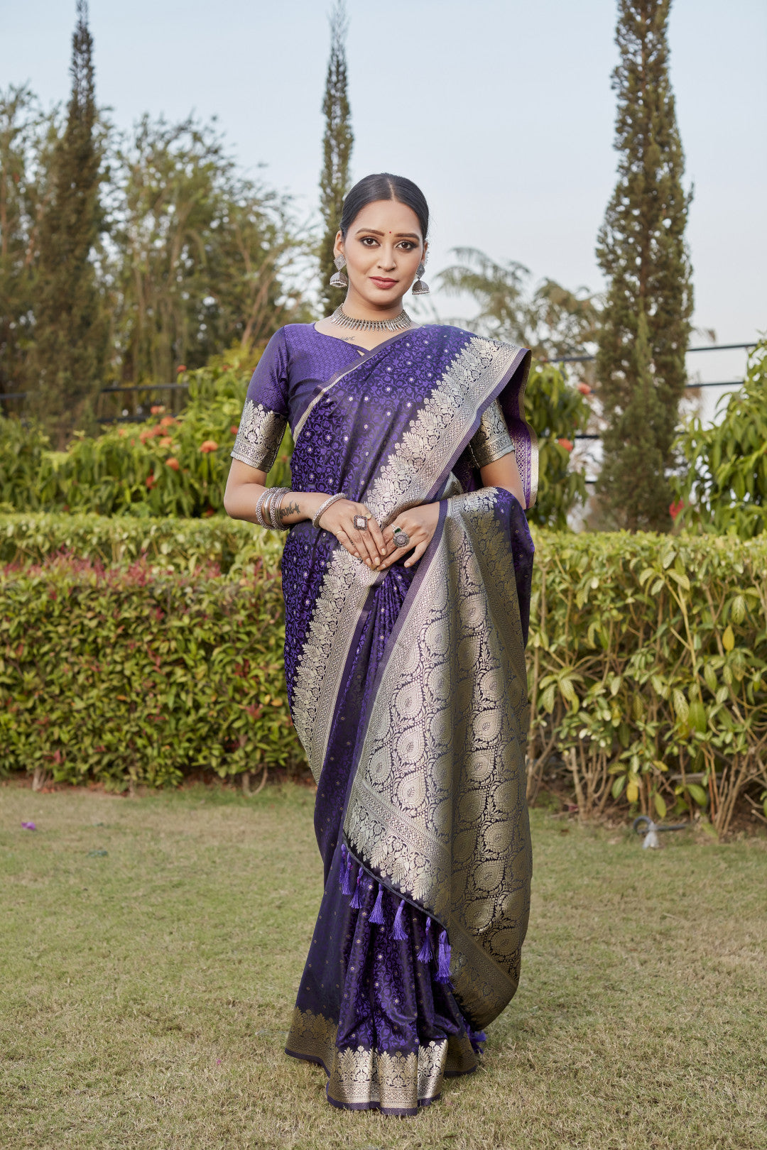 Purple kanjivaram satin silk saree with zari weaving rich pallu