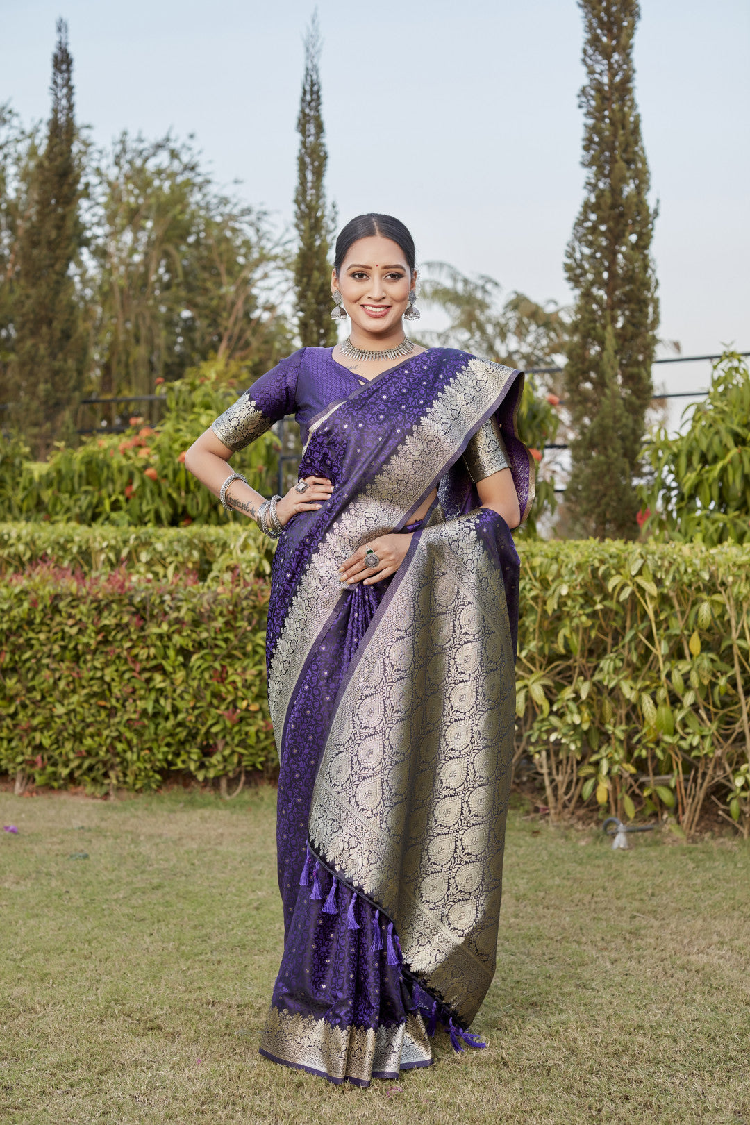 Purple kanjivaram satin silk saree with zari weaving rich pallu