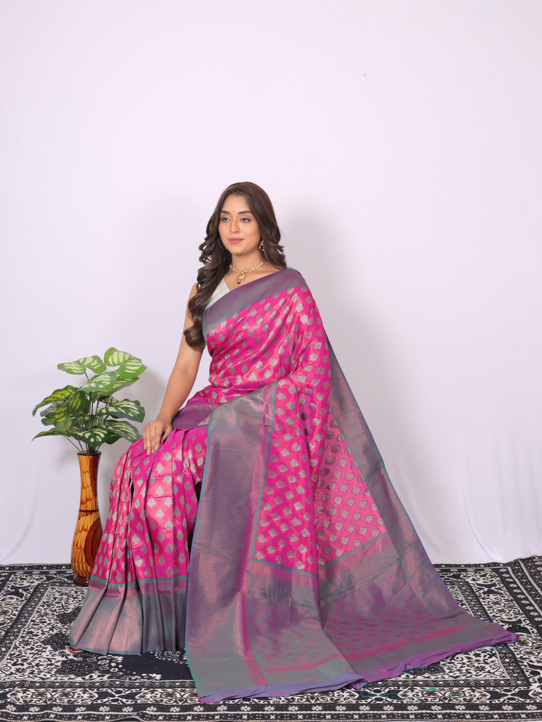 Pink color banarasi silk saree with zari weaving work