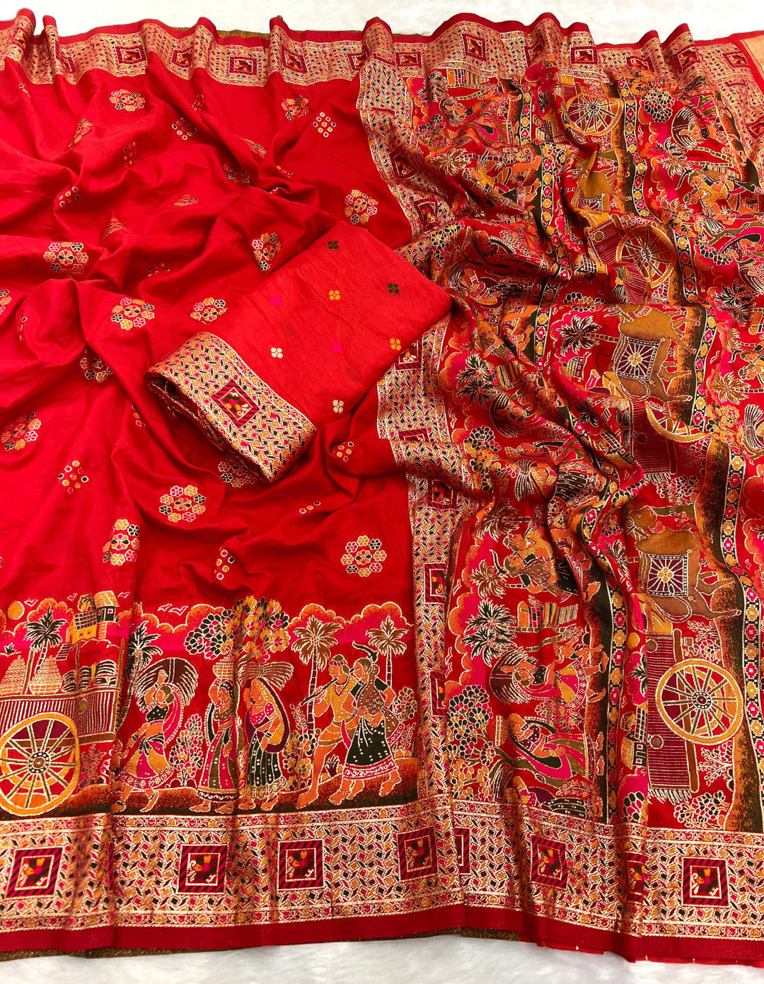 Red pashmina silk saree with meenakari zari weaving work