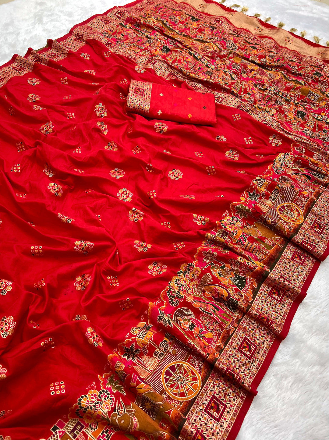 Red pashmina silk saree with meenakari zari weaving work
