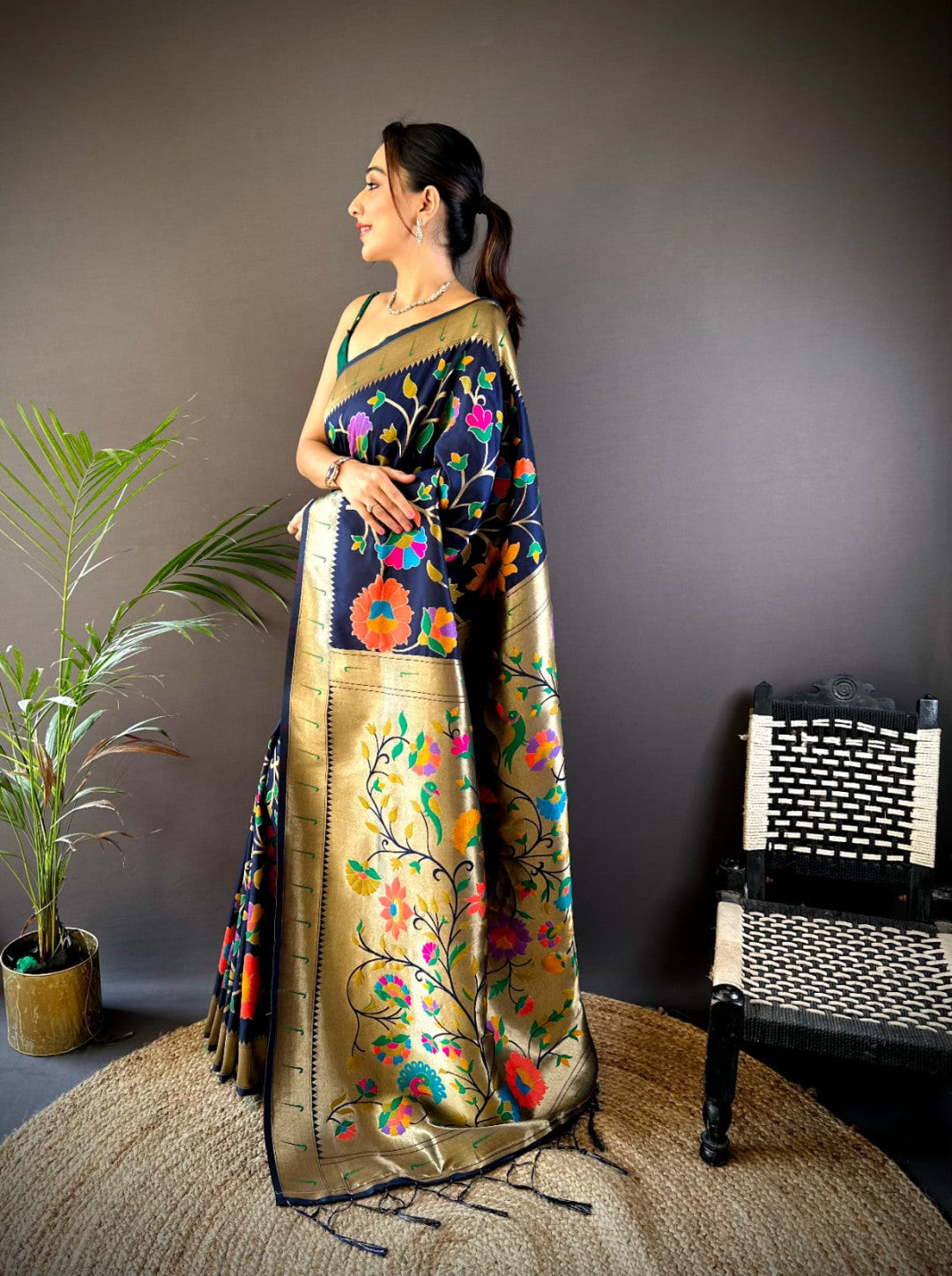 Navy blue traditional banarasi silk saree with jal meenakari zari weaving work