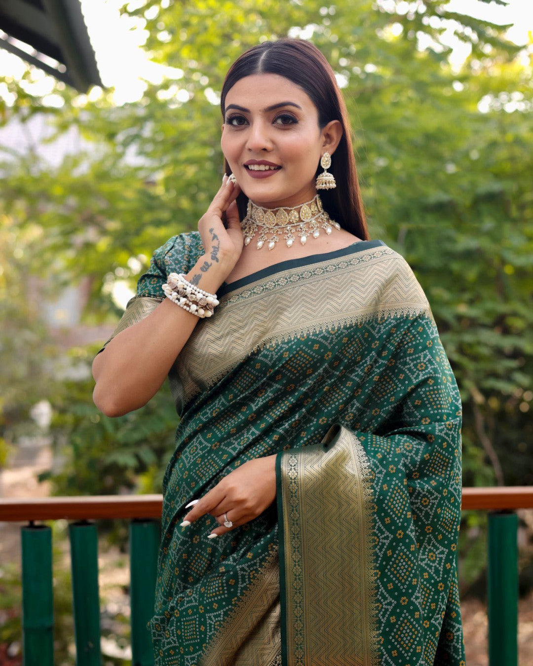 Bottle green color cotton silk saree with zari weaving work