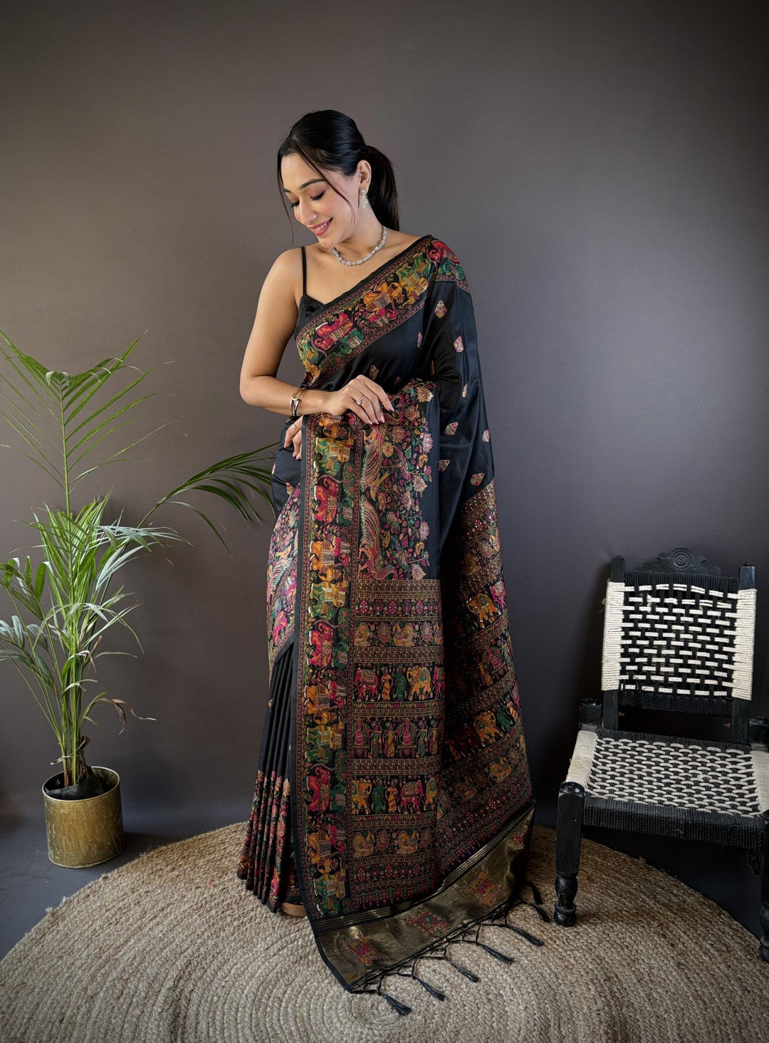 Black pashmina silk saree with meenakari weaving work