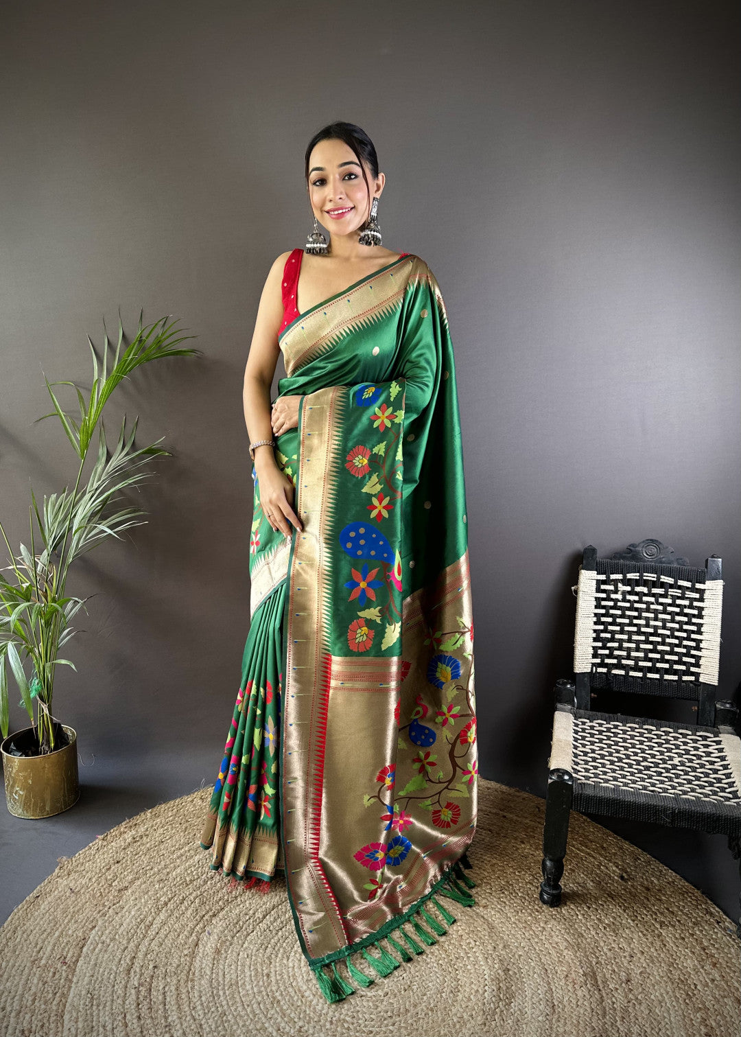 Green paithani silk saree with zari weaving work