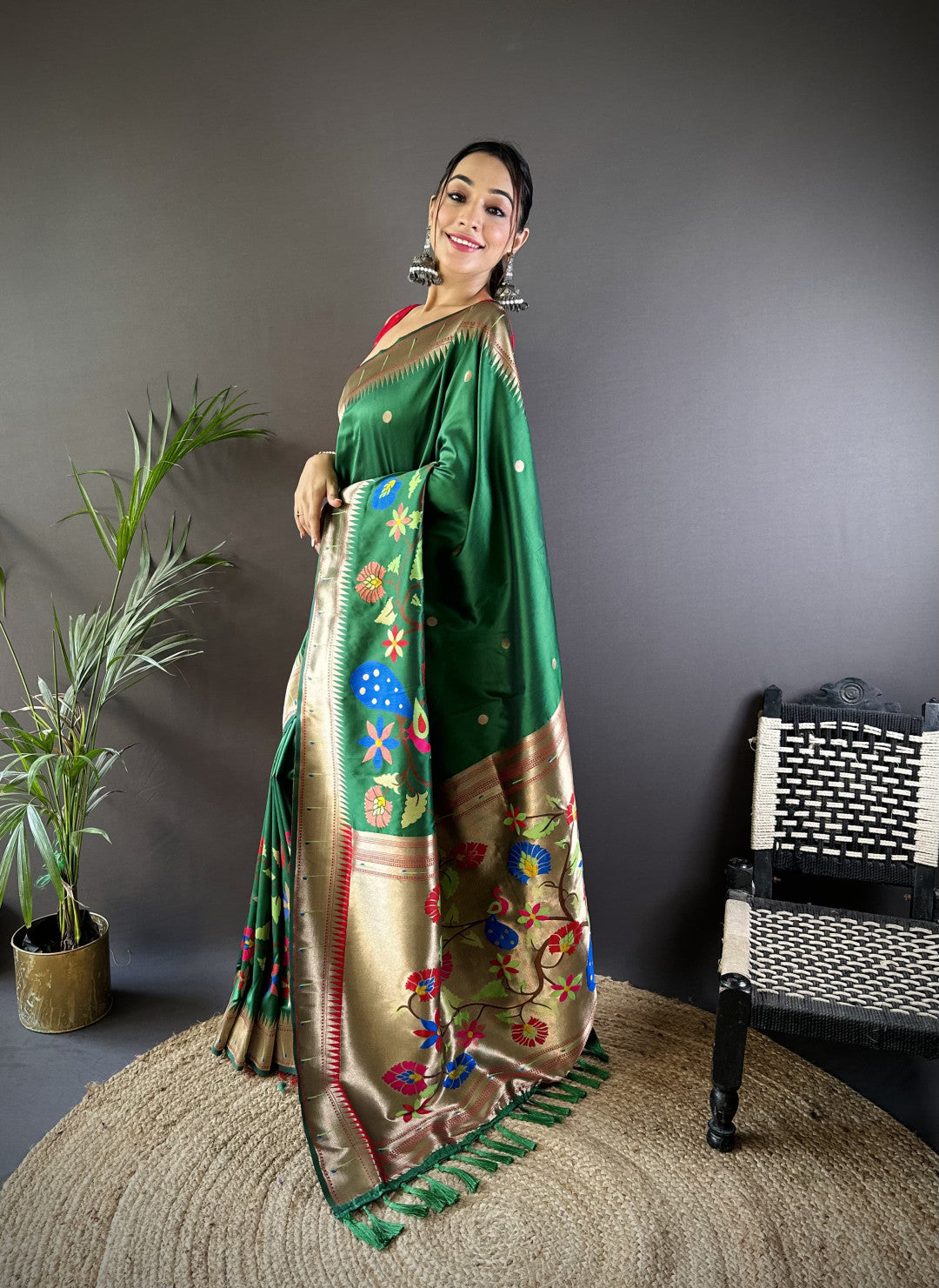 Green paithani silk saree with zari weaving work