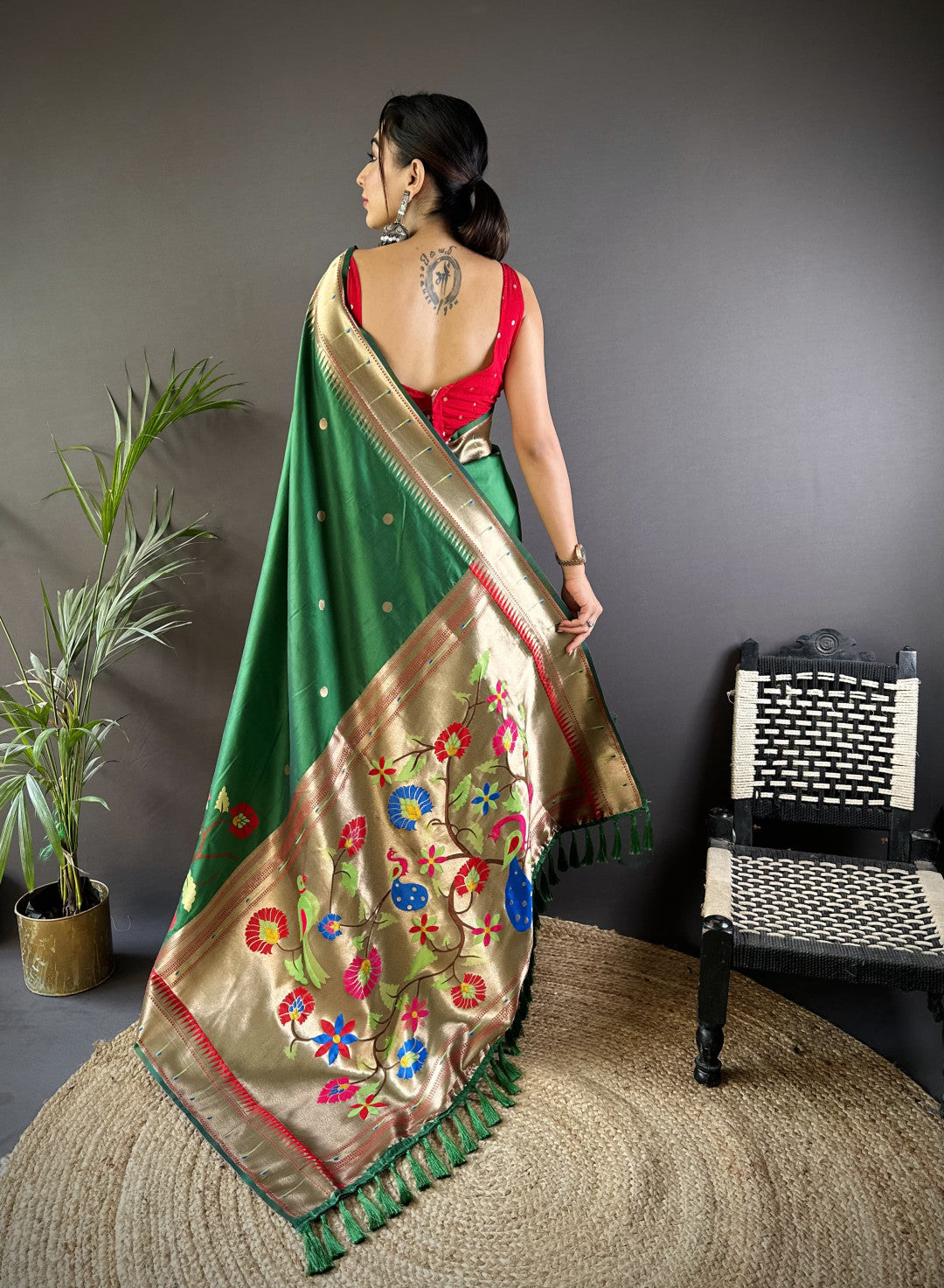 Green paithani silk saree with zari weaving work