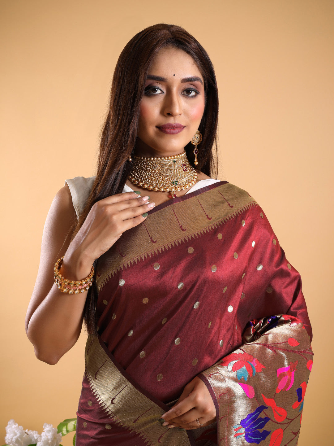 Maroon color paithani silk saree with zari weaving work