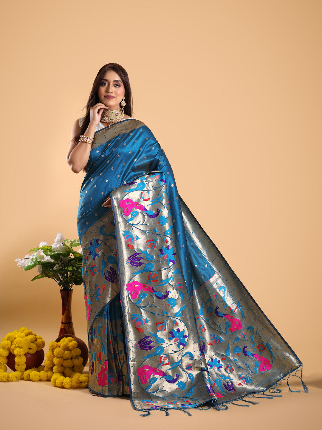 Rama green color paithani silk saree with zari weaving work