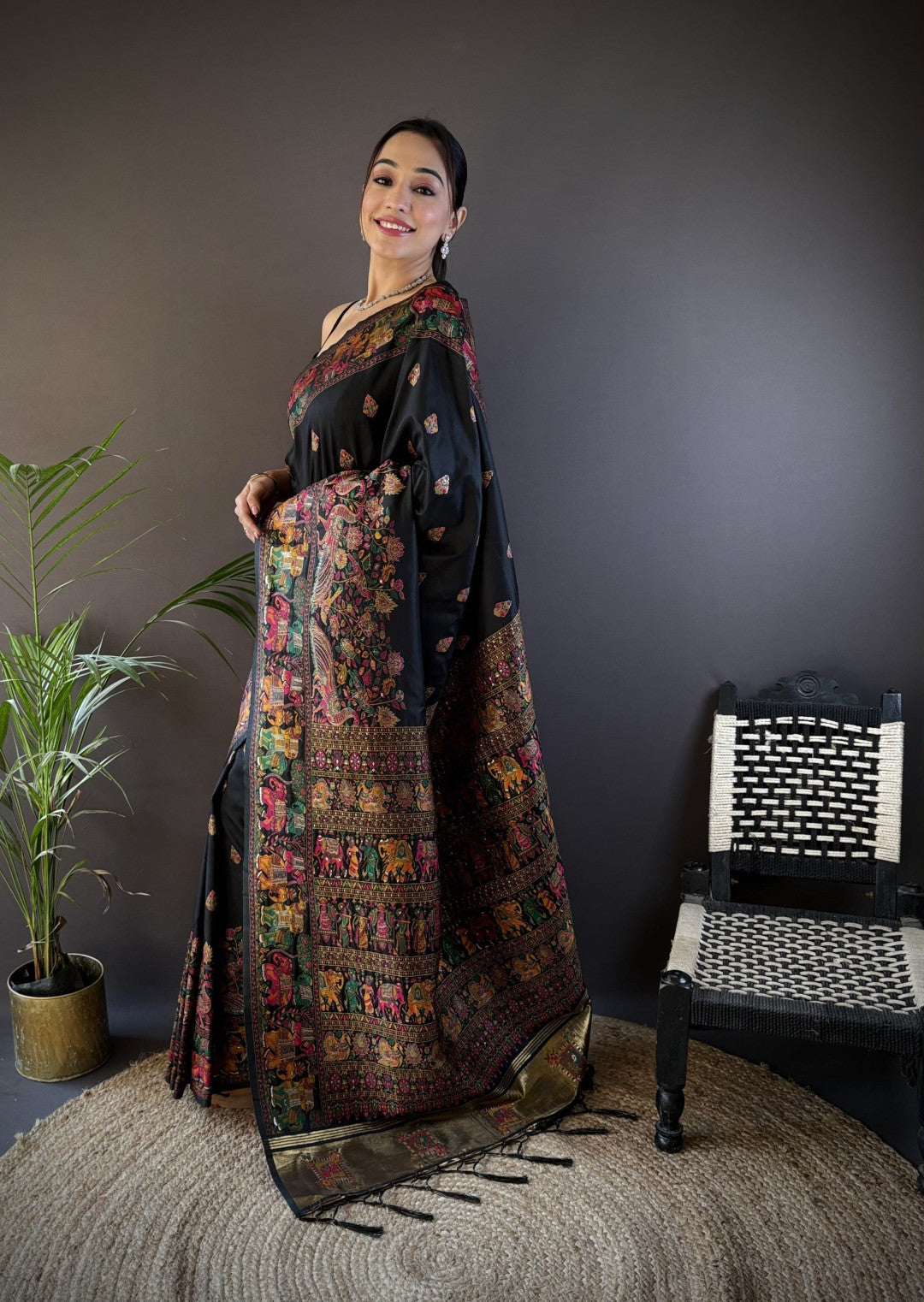 Black pashmina silk saree with meenakari weaving work