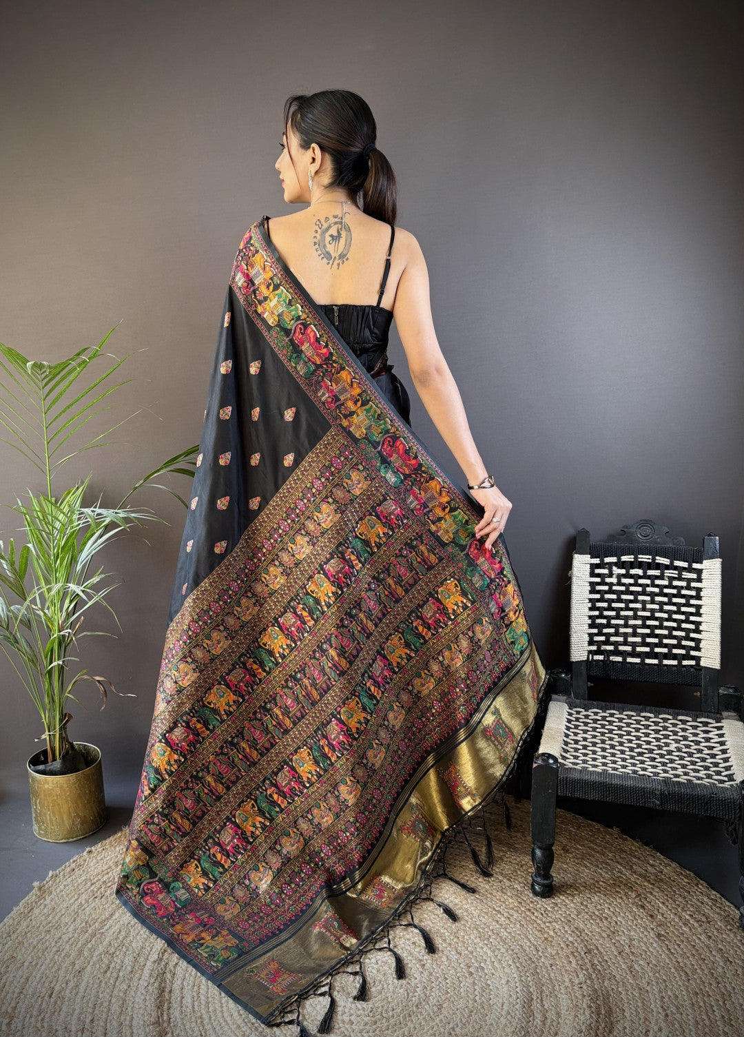 Black pashmina silk saree with meenakari weaving work