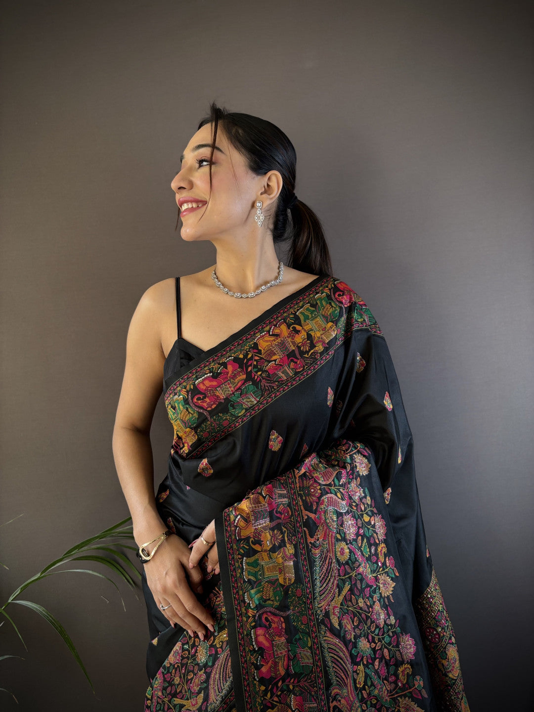 Black pashmina silk saree with meenakari weaving work