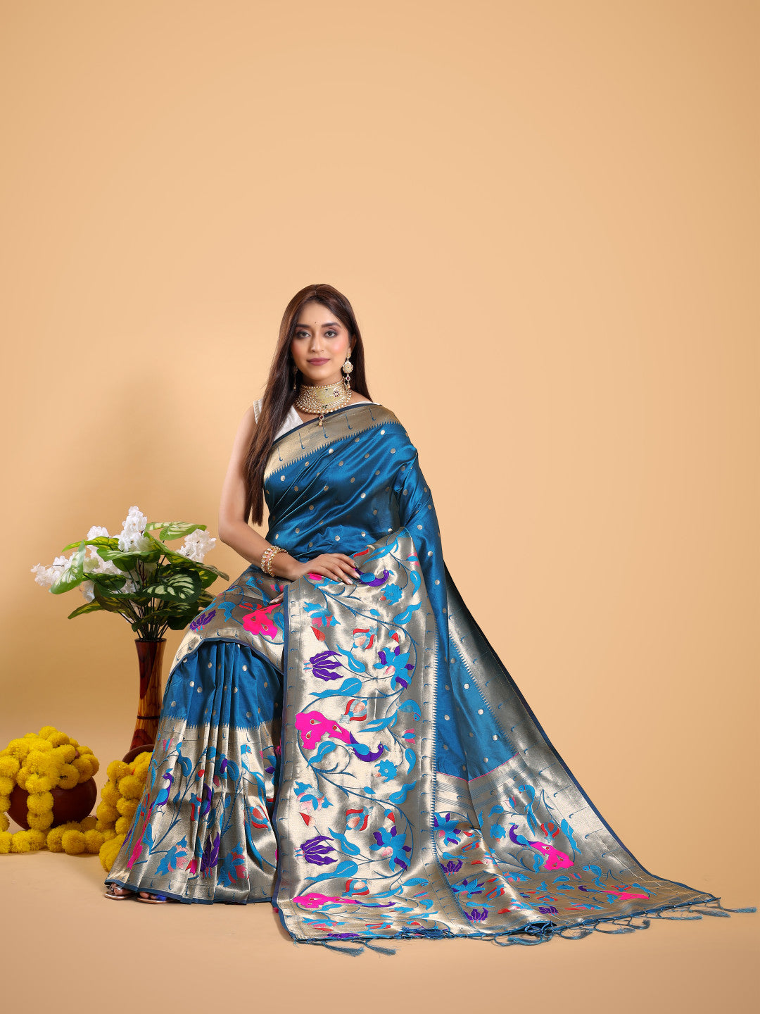 Rama green color paithani silk saree with zari weaving work