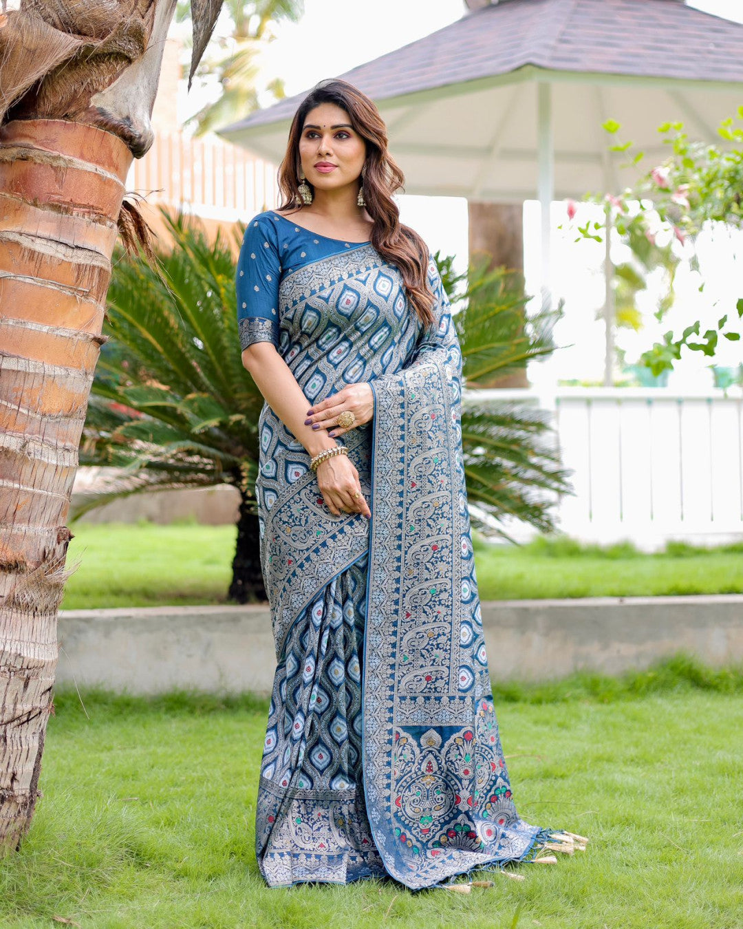 Firoji color kanjivaram silk saree with zari weaving work