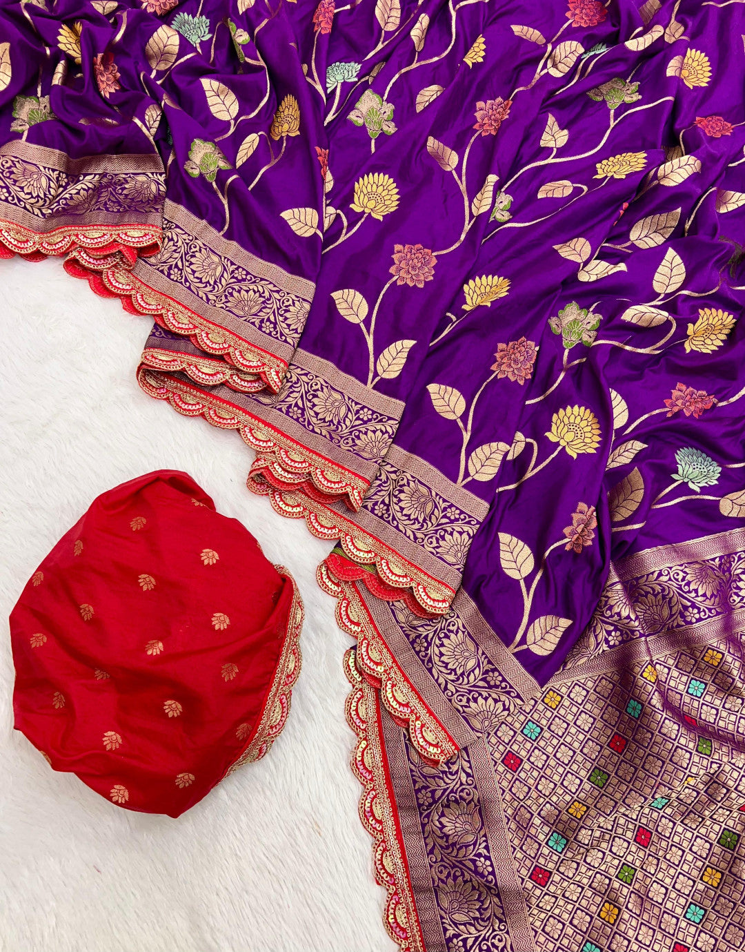 Purple viscose dola dola silk saree with zari weaving and lace border