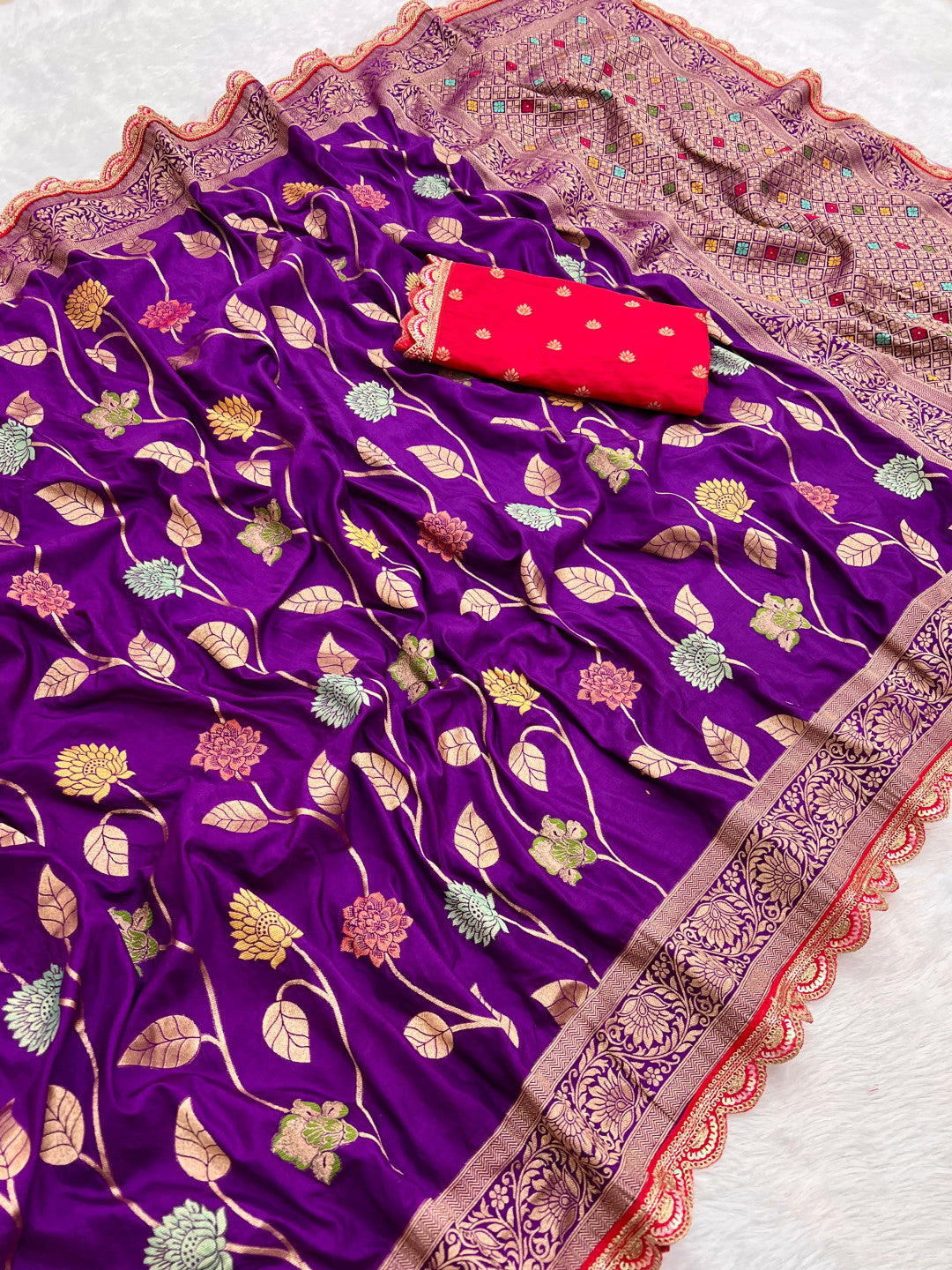 Purple viscose dola dola silk saree with zari weaving and lace border