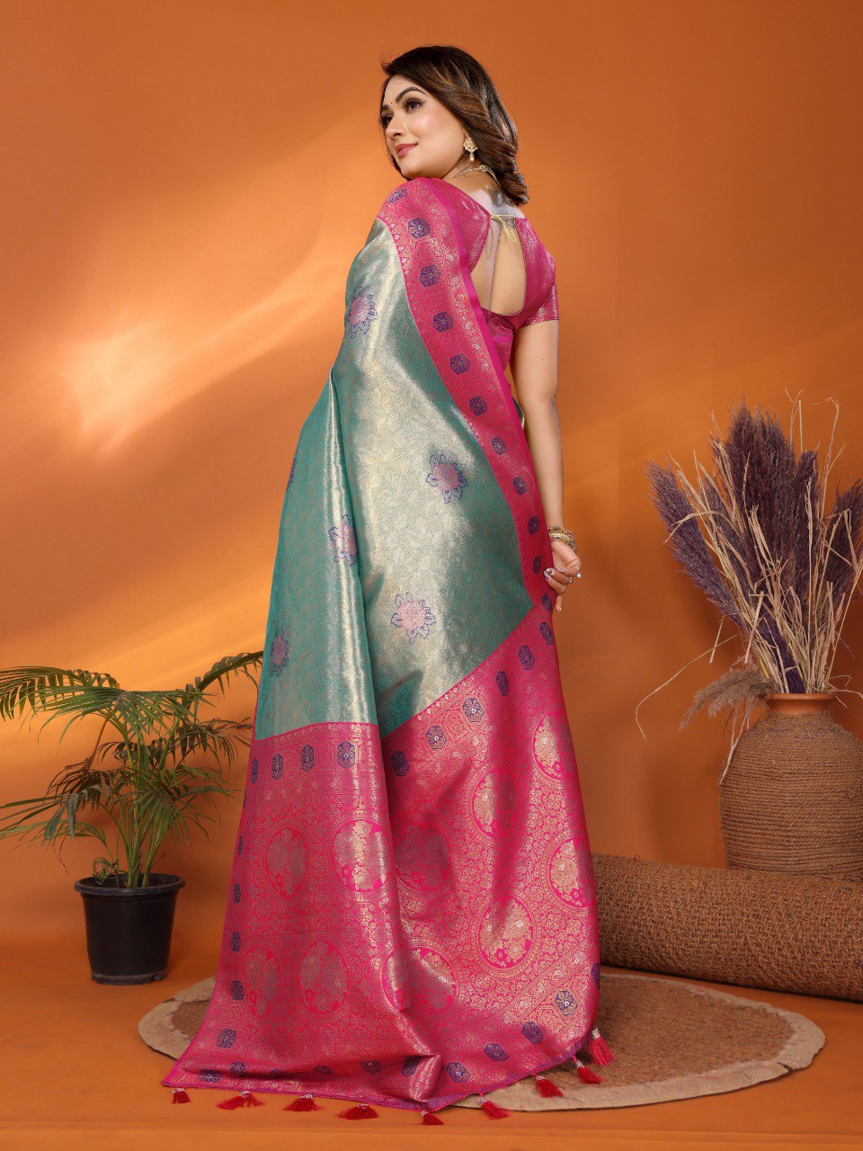 Sea green premium banarasi tissue silk saree with zari weaving work