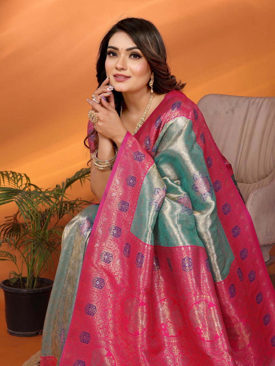 Sea green premium banarasi tissue silk saree with zari weaving work