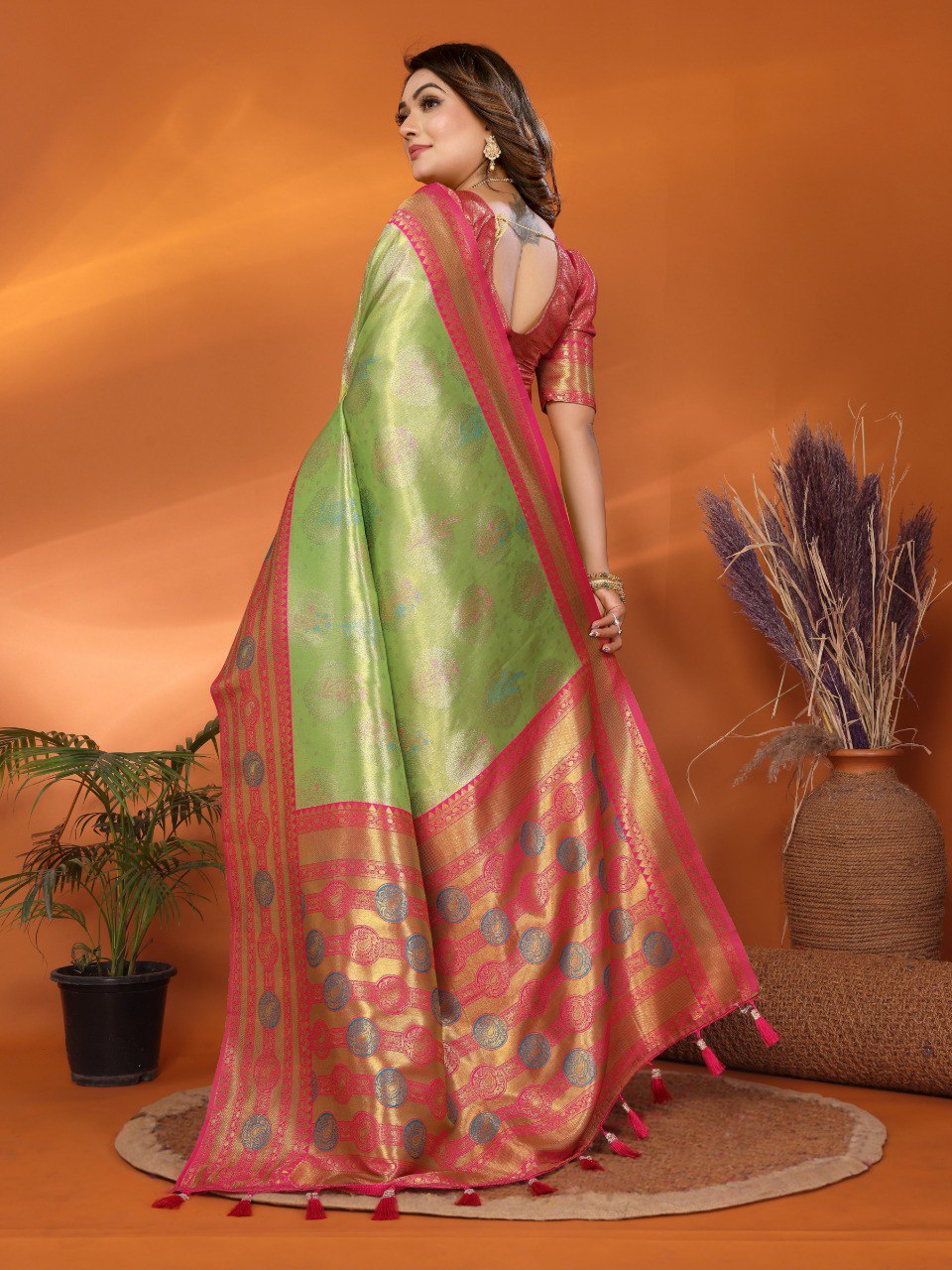 Pista green premium banarasi tissue silk saree with zari weaving work
