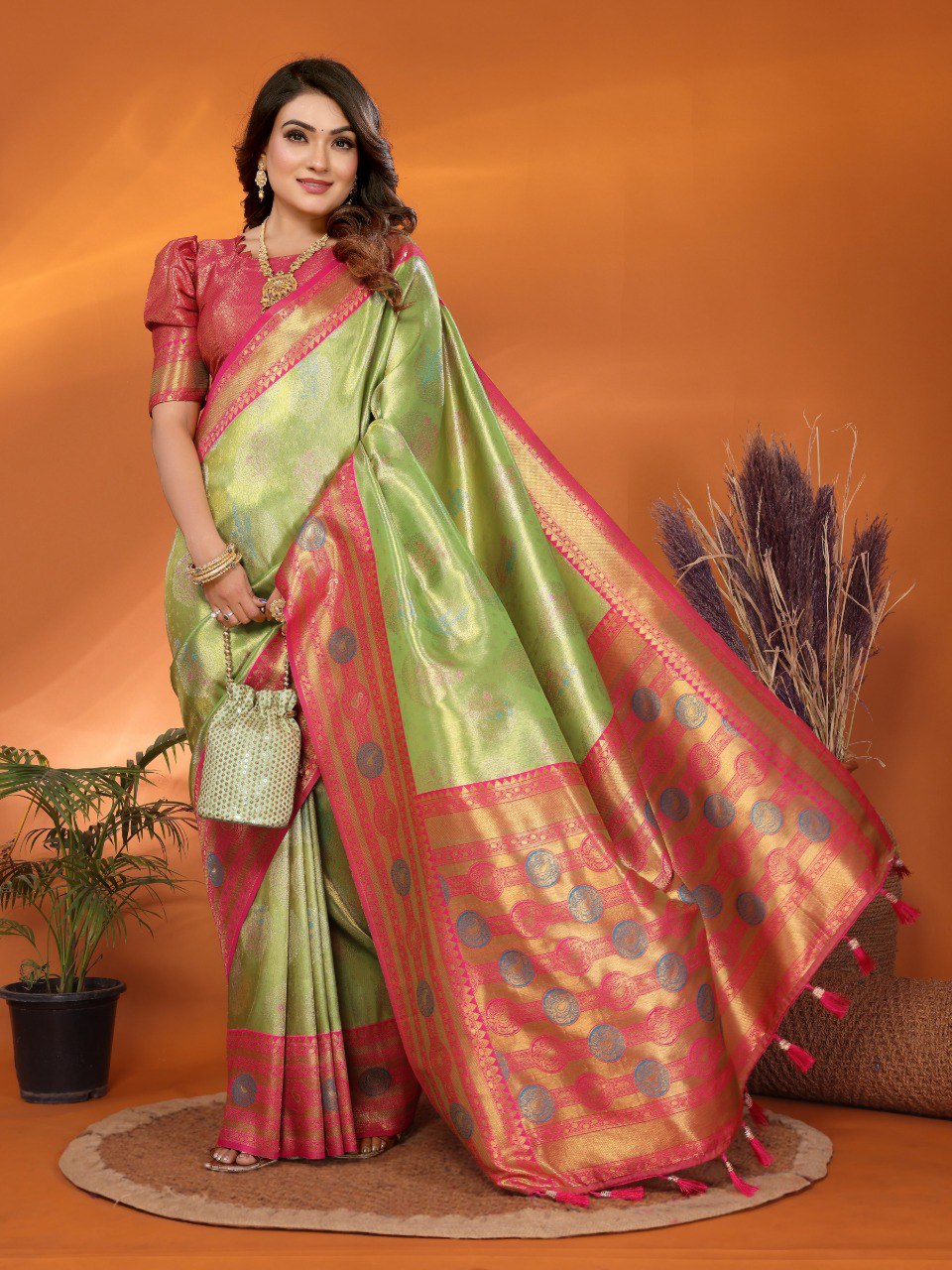 Pista green premium banarasi tissue silk saree with zari weaving work