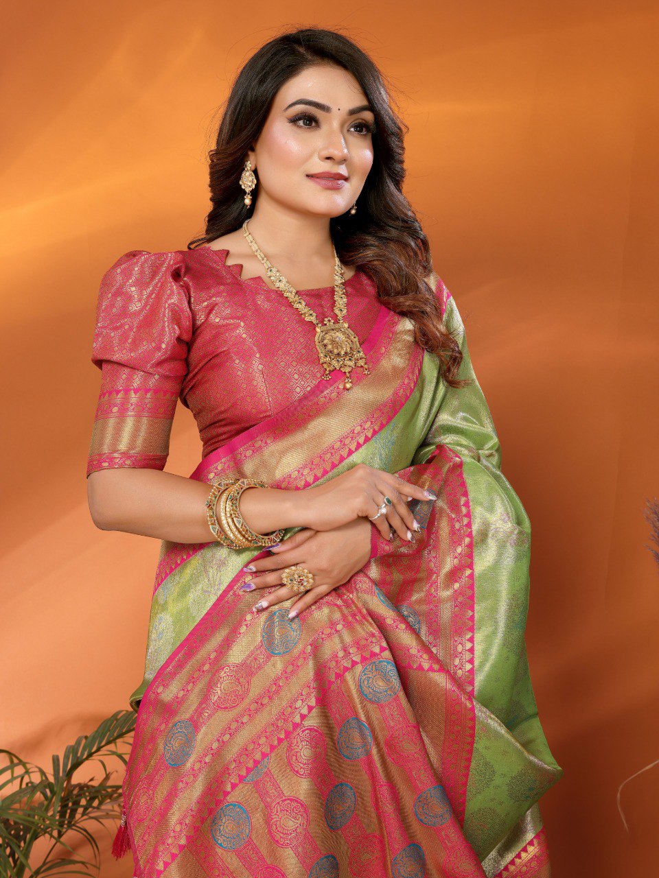 Pista green premium banarasi tissue silk saree with zari weaving work