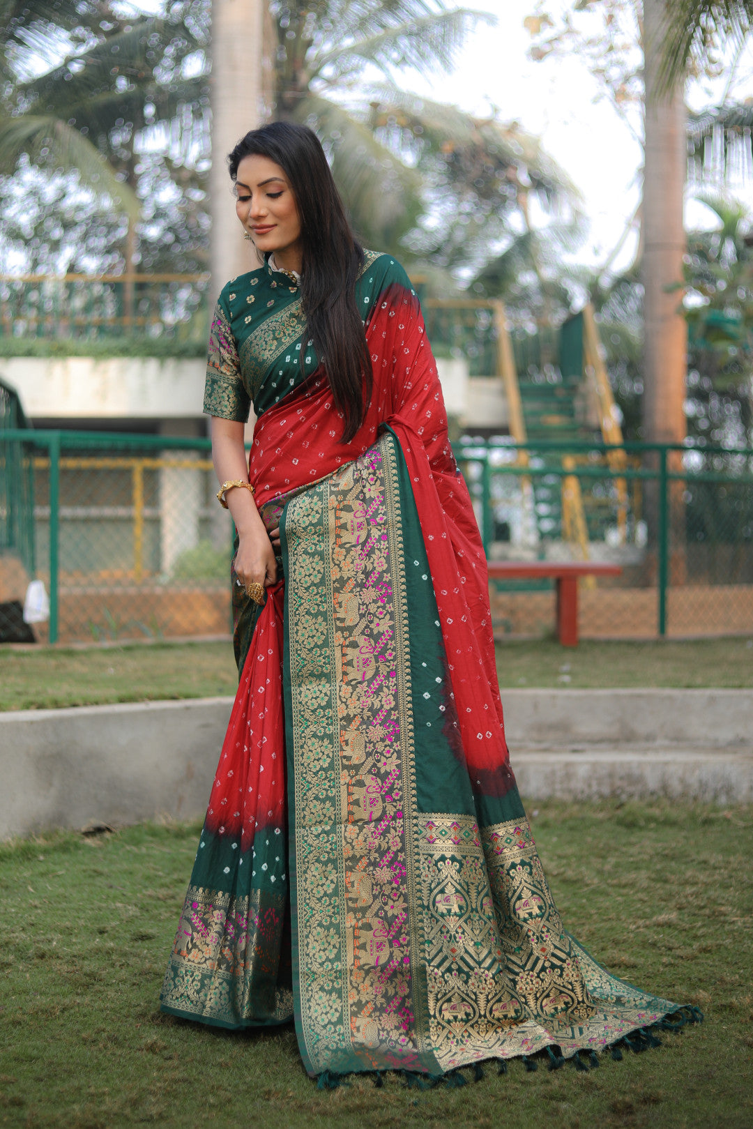 Multi color bandhej silk saree with zari weaving work