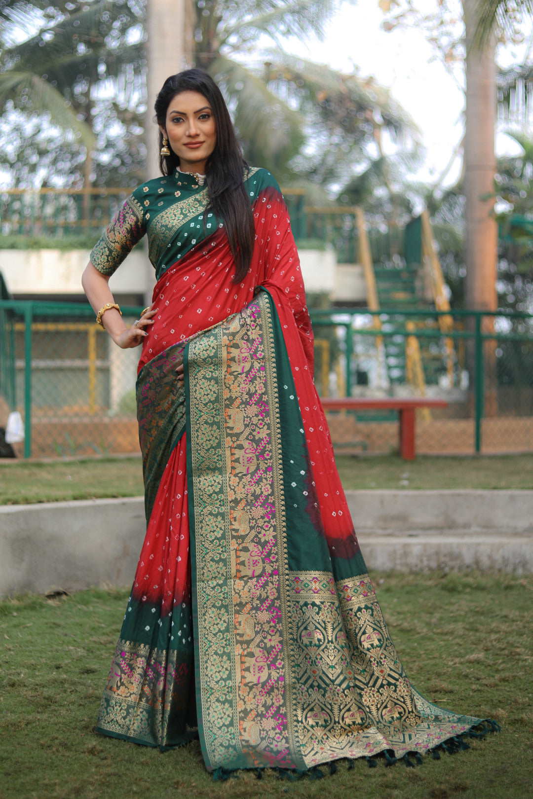 Multi color bandhej silk saree with zari weaving work