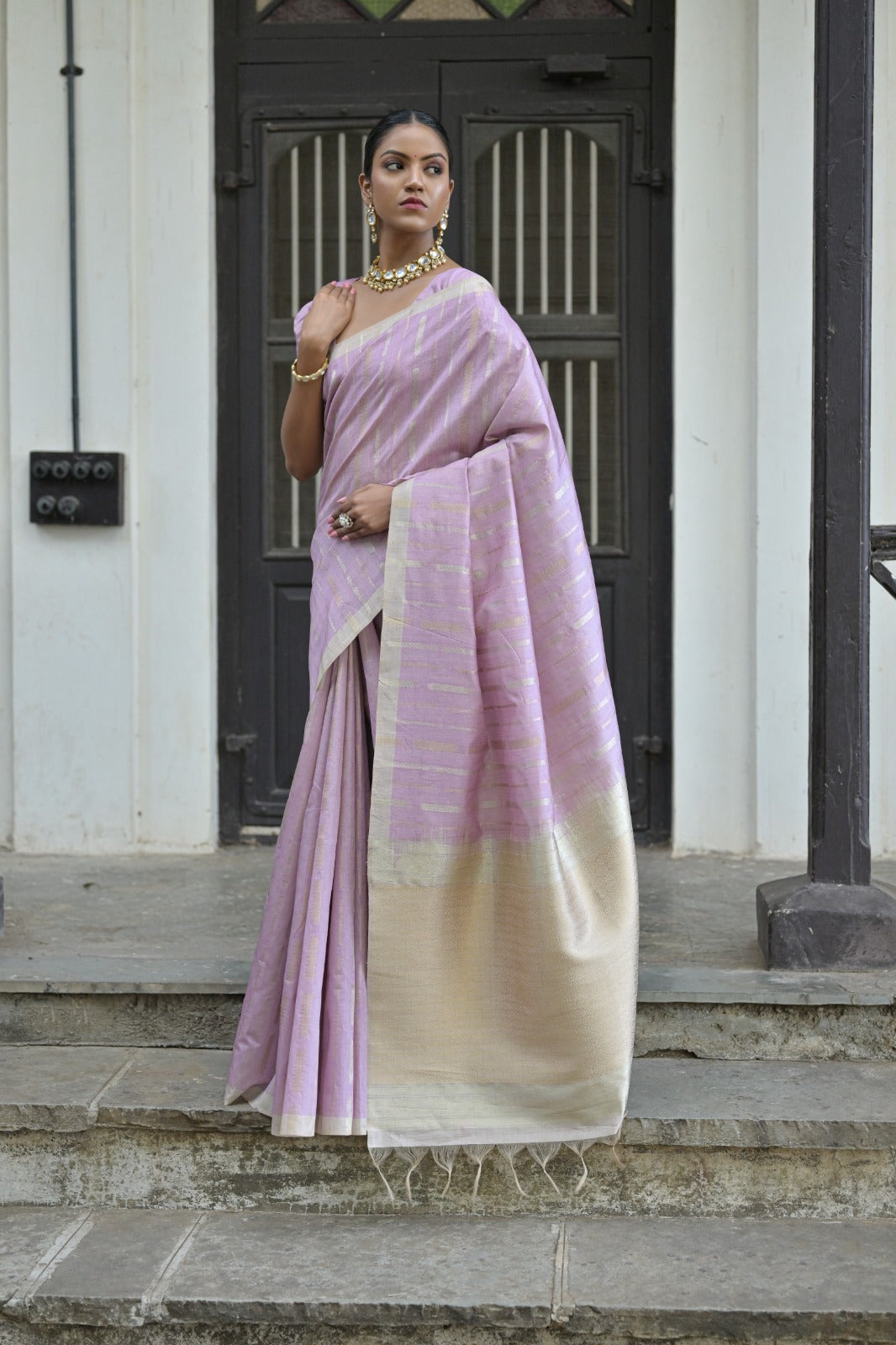 Lavender premium tussar silk saree with zari woven work